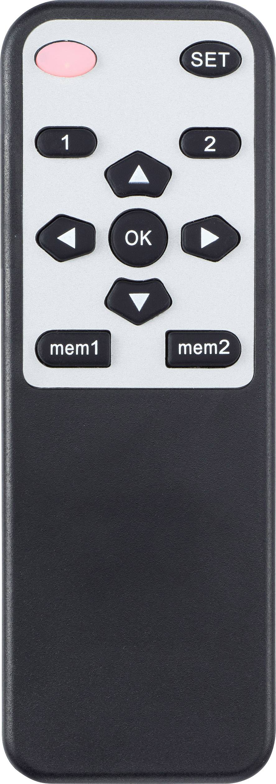 Håndfjernbetjening med taster: '1', '2', retningspile, 'OK', 'SET', 'mem1', 'mem2'. Rød lampe øverst til venstre.