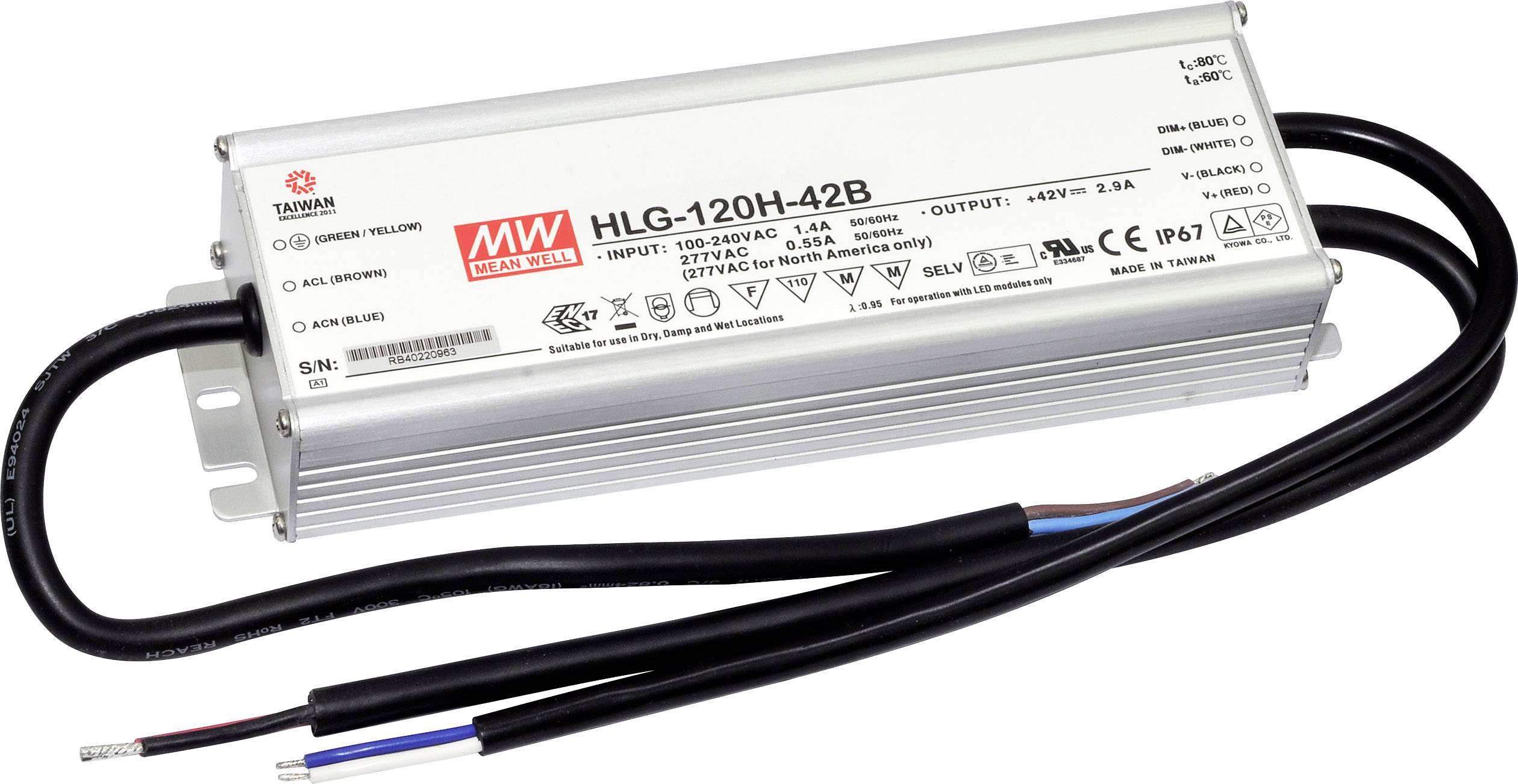 En sølvfarvet LED-driver med påskriften 'HLG-120H-42B'. Den har stik og kabler til elektrisk tilslutning af belysning.