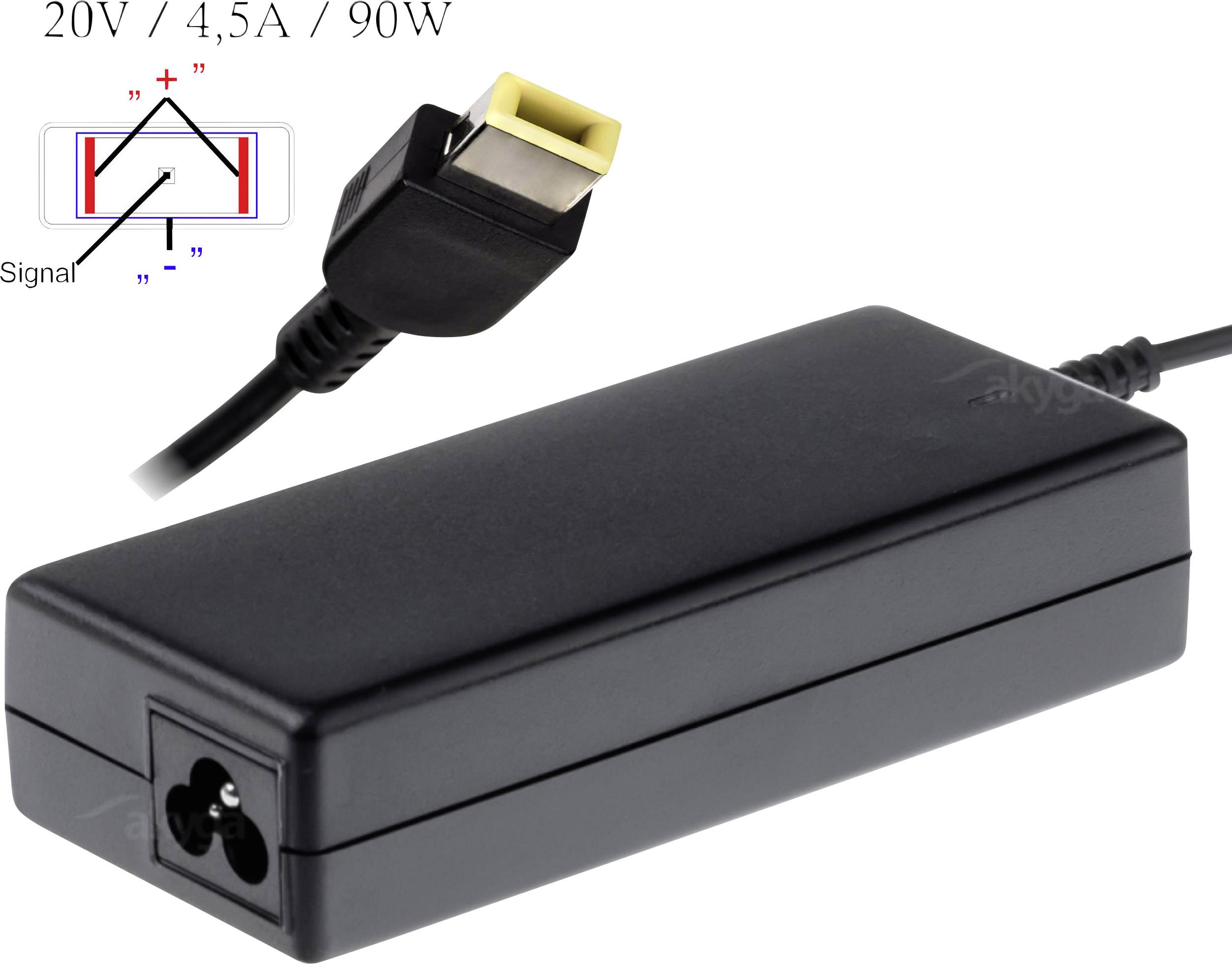 Et sort laptop-strømforsyning med gul stik, 20V, 4,5A, 90W. Diagram øverst til venstre viser positive og negative tilslutninger.