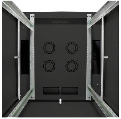 Sort, tomt server-rack-kabinet med vandrette og lodrette metalstivere, forberedt til installation af servere.