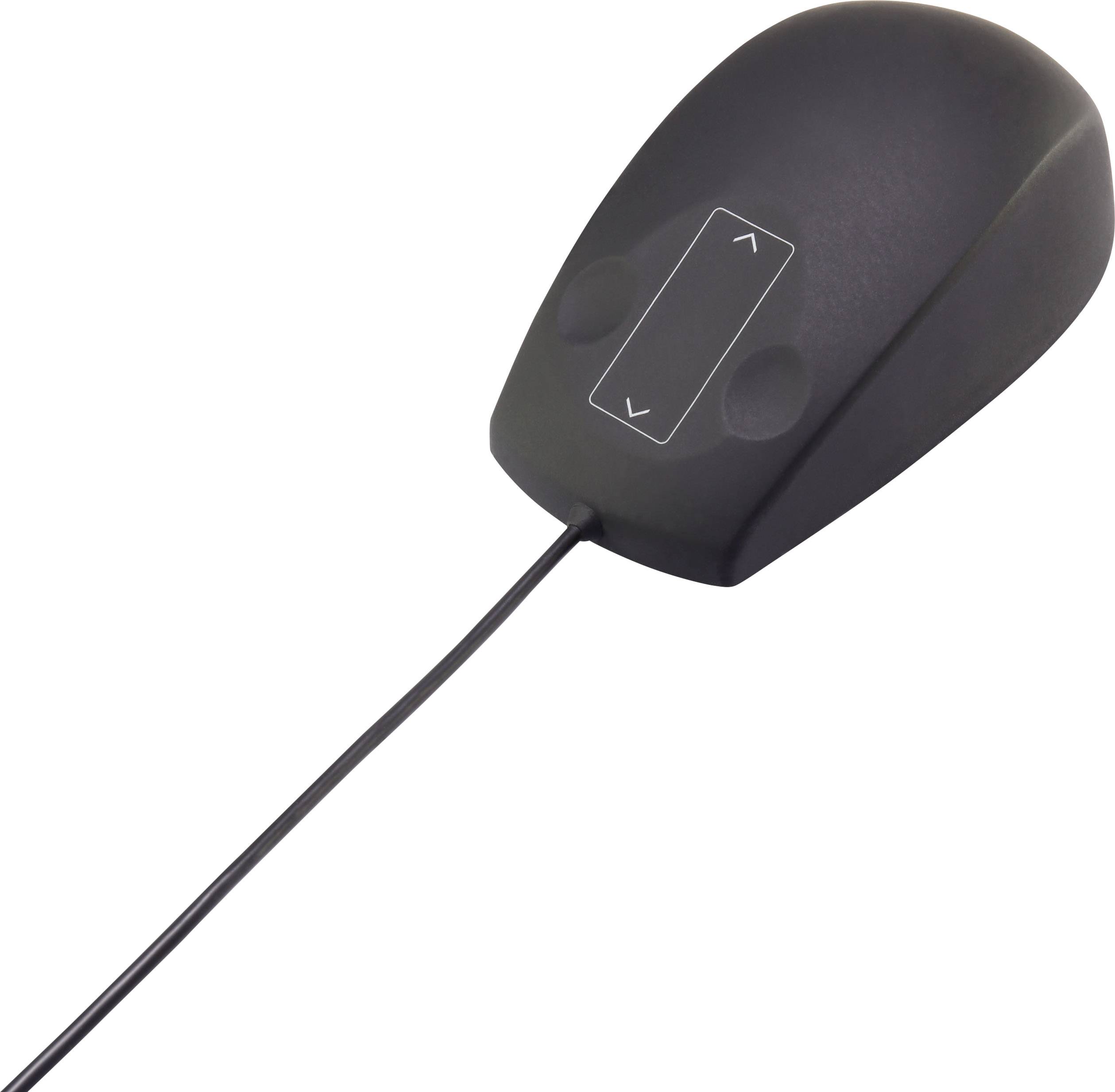 En sort kablet computermuse med to piletaster øverst; ergonomisk design.