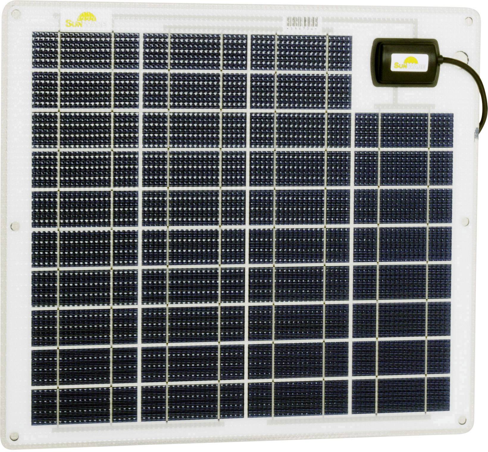 Et solmodul med talrige små fotovoltaiske celler og en tilsluttet sort enhed i øverste højre hjørne.