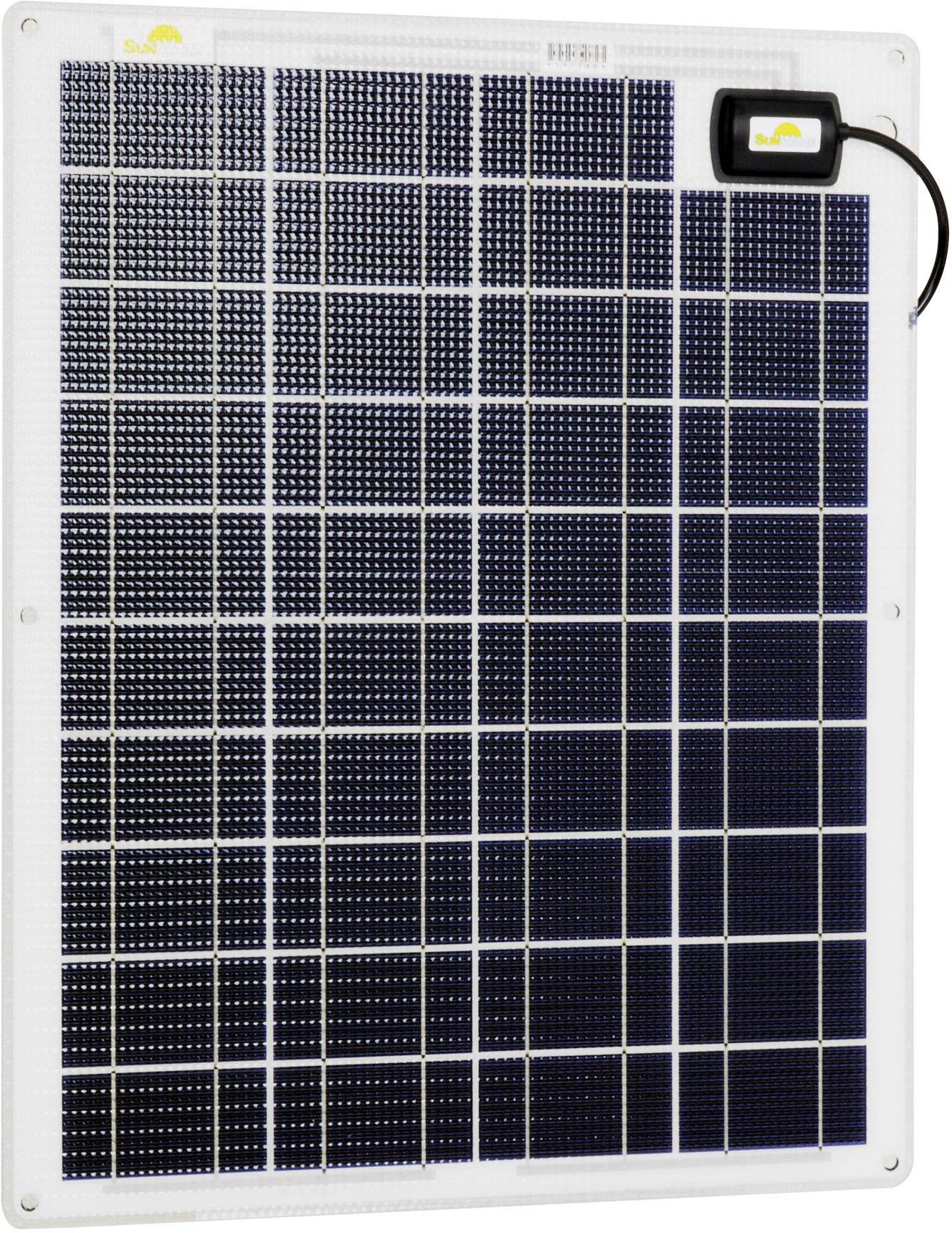 Et solarpanel med flere små, firkantede solceller, forbundet til en inverter i øverste højre hjørne.