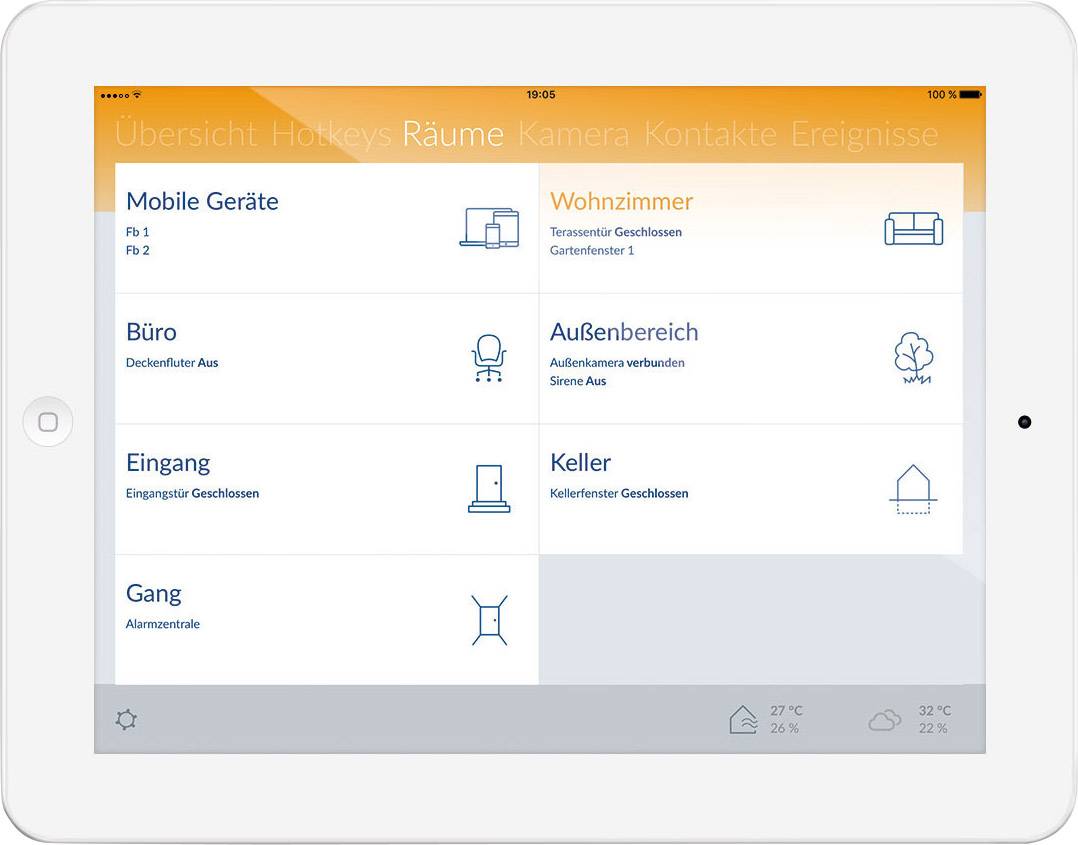Et tablet viser en app til hjemmeautomatisering med kategorier som 'Mobile enheder', 'Stue', 'Kontor', 'Udendørsområde', 'Kælder'.