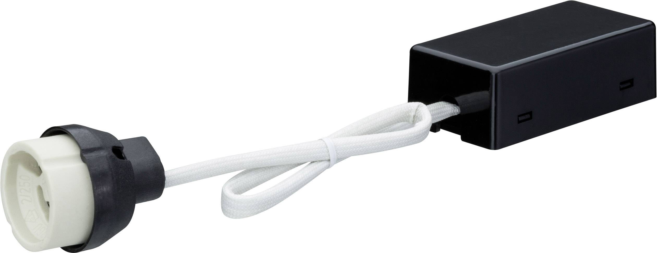 Sort, rektangulær adapter med et hvidt kabel, som ender i en rund, hvid stikkontakt.