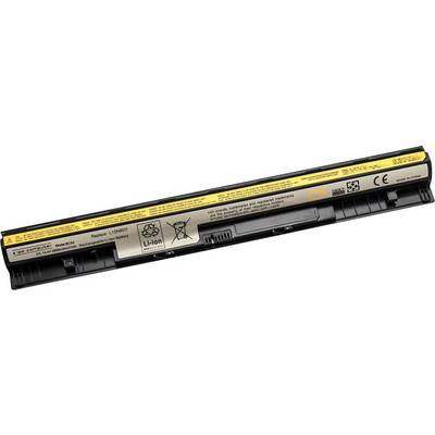 En bærbar computer-batteripakke med etiketter, der viser tekniske specifikationer, genbrugssymboler og sikkerhedsinformationer.
