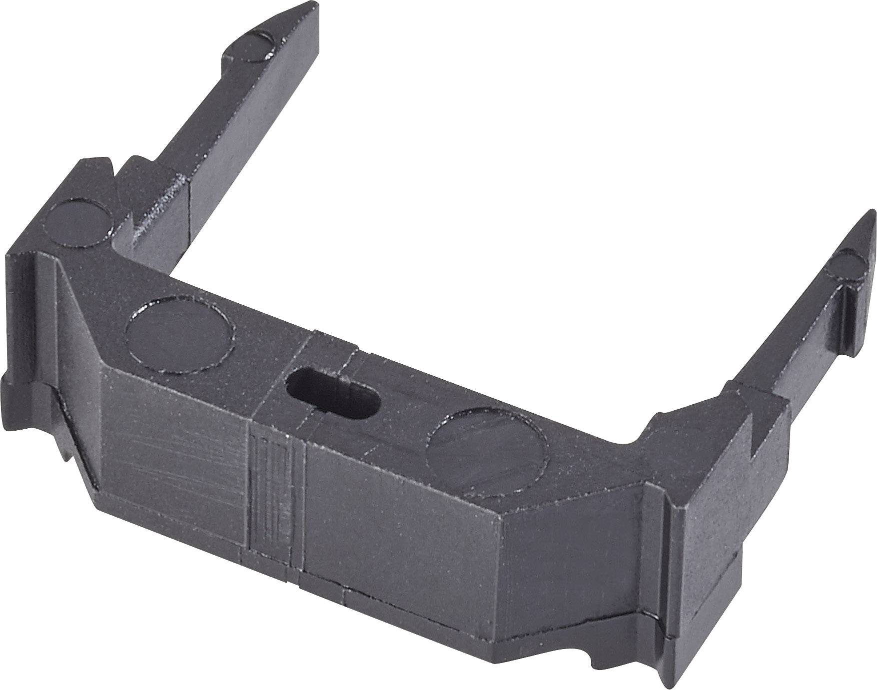 Et sort plastikdel med en rektangulær hovedkrop og to lange, smalle arme. Det ligner en teknisk komponent.