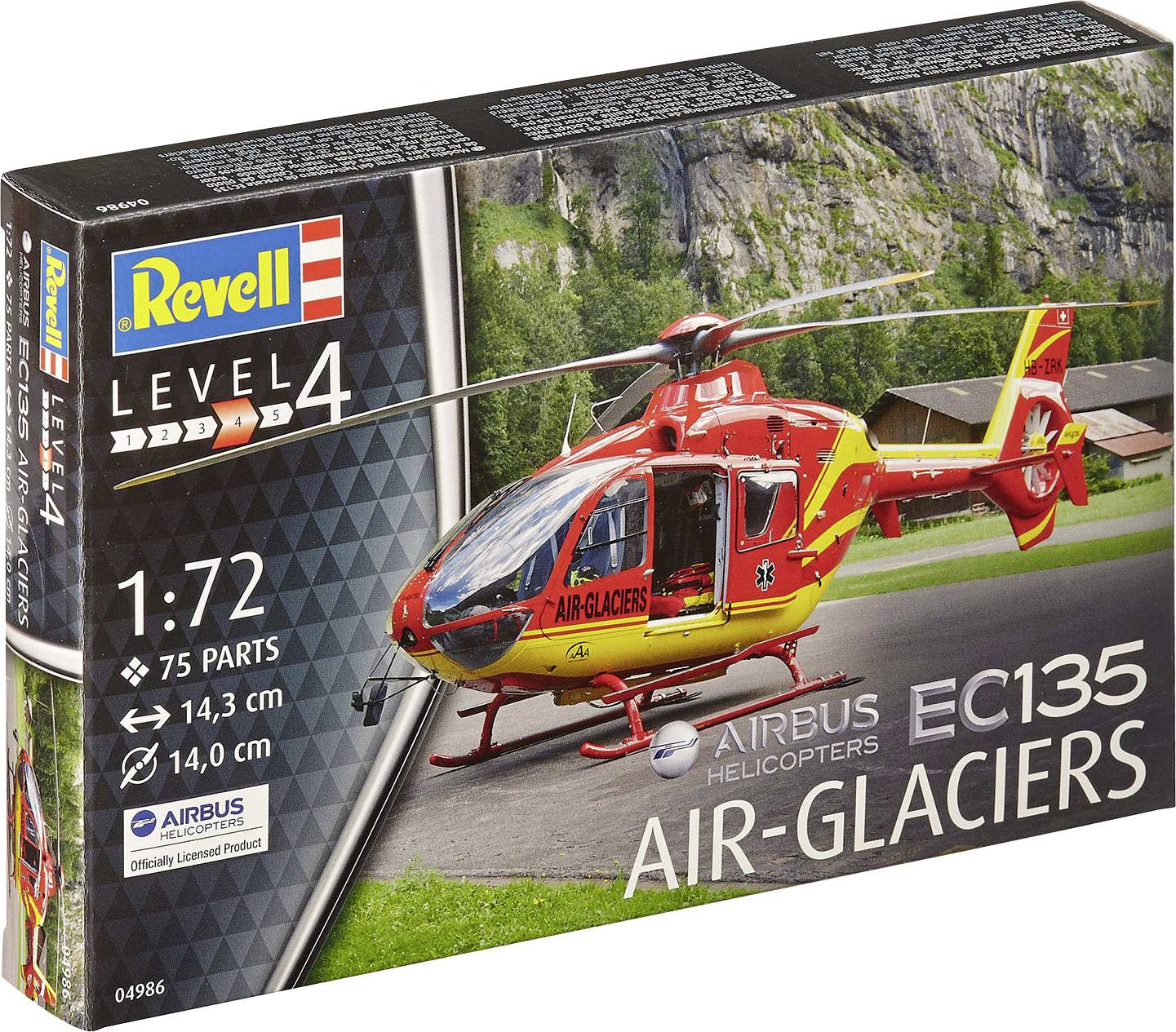 'Revell modelbyggesæt: Airbus EC135 helikopter i skala 1:72, Air-Glaciers-design, Level 4, indeholder 75 dele, egnet for øvede.'