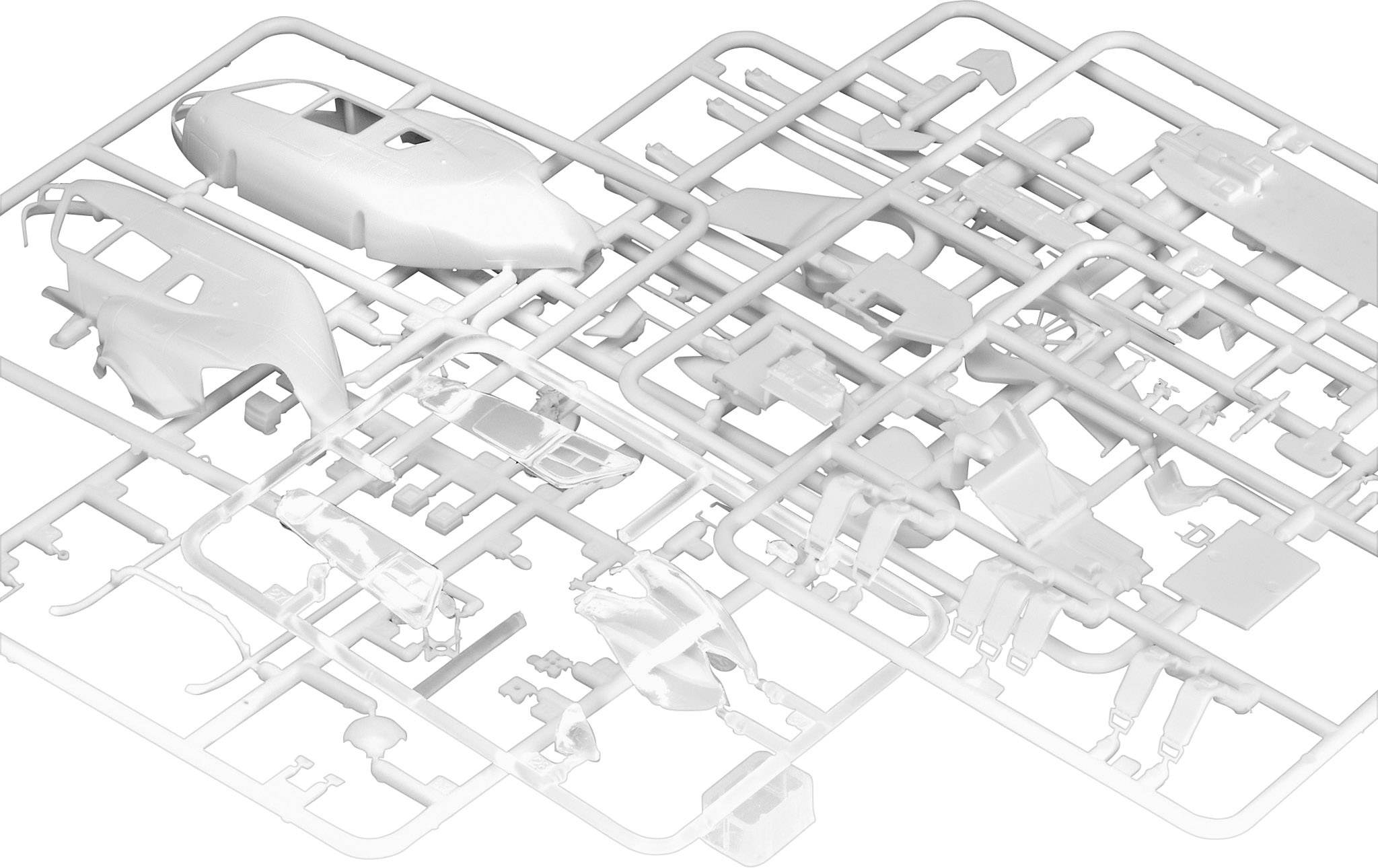 Plastikmodelbygningssæt med dele til en helikopter, fordelt på to rammer.