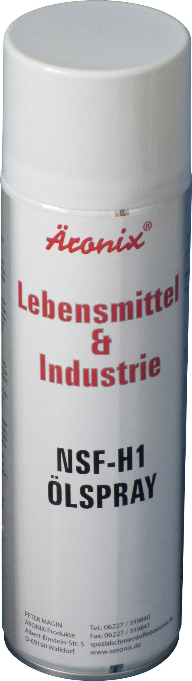 En hvid spraydåse med rød og sort tekst 'Levnedsmidler & Industri NSF-H1 Oliespray' på forsiden.