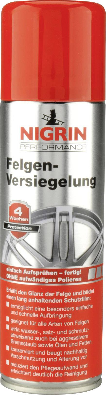 Rød spraydåse med påskriften 'Nigrin Performance Fælgetætning'. Lover glans og beskyttelse til fælge, ingen polering nødvendig.