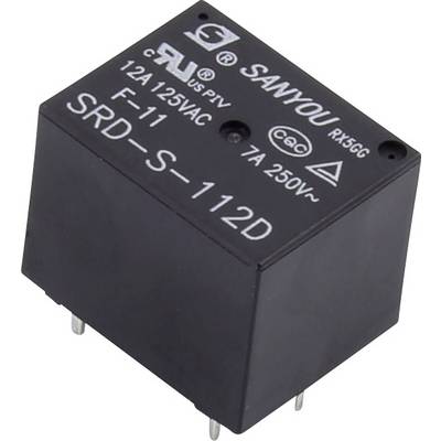 Et sort relæ med påskriften 'Sanyou SRD-S-112D', beregnet til 12A 125VAC og 7A 250VAC.