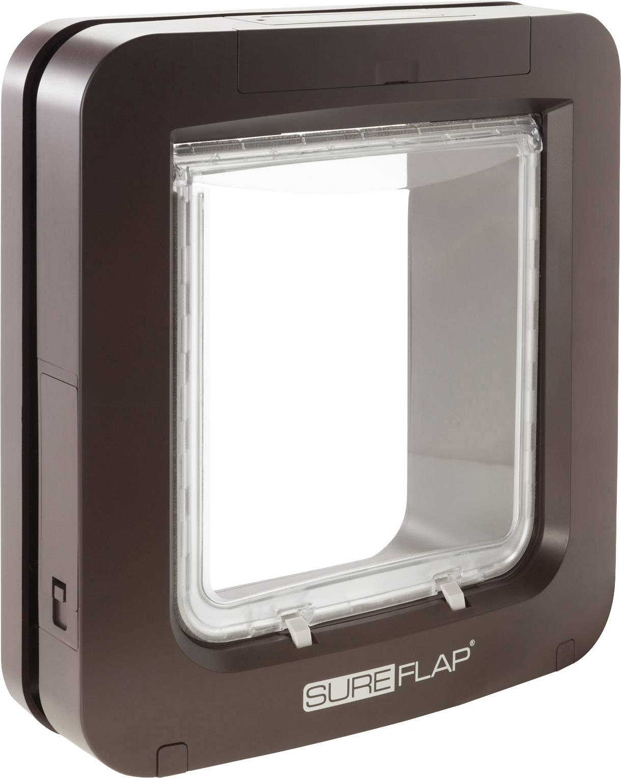 En brun kattelem med transparent passage fra SureFlap, egnet til kæledyr, til installation i døre eller vægge.