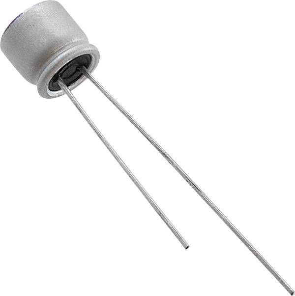 Elektronisk komponent: cylindrisk metallegeme med to lange, rette ledninger.
