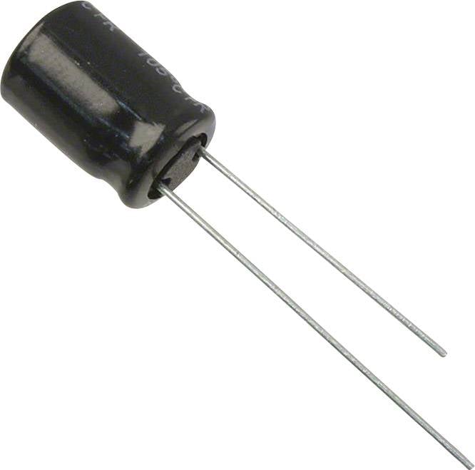 En sort, cylindrisk elektrolyt-kondensator med to lange, trådlignende ben, som ligger på en hvid overflade.