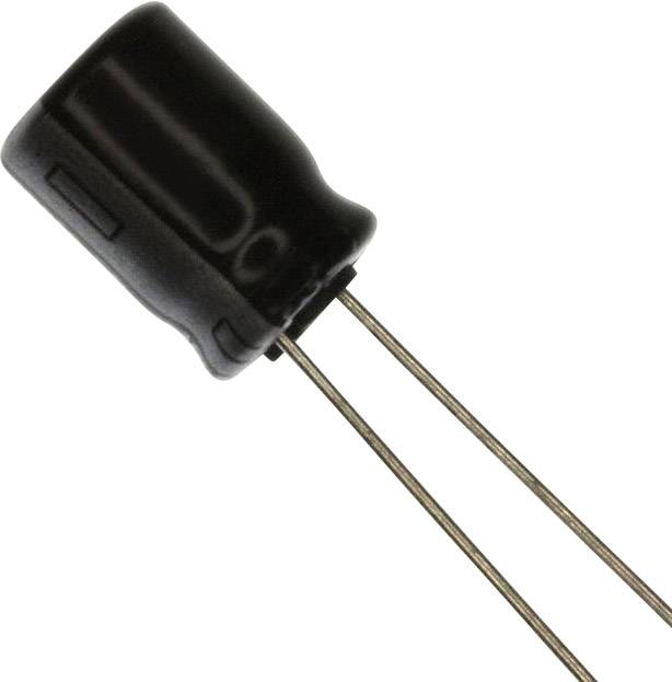 Lille cylindrisk elektrolyt-kondensator med to metalforbindelser, set fra siden.