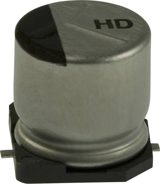 En cylinderformet elektronisk kondensator med påskriften 'HD' på oversiden. Den har en sortefarvet spids.