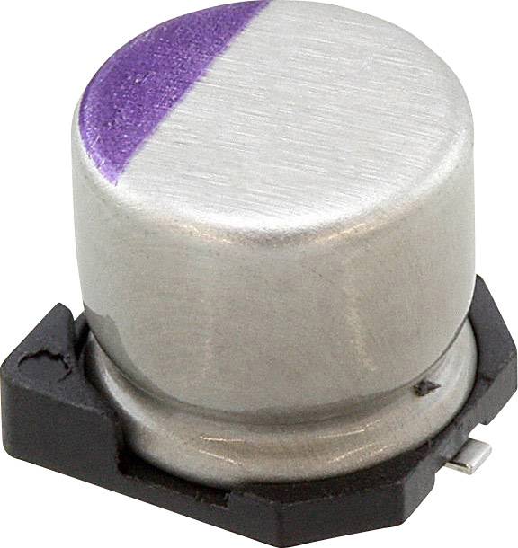 En lille, cylinderformet elektronisk komponent med en violet stribe på toppen, placeret på en sort base, set fra siden i perspektiv.