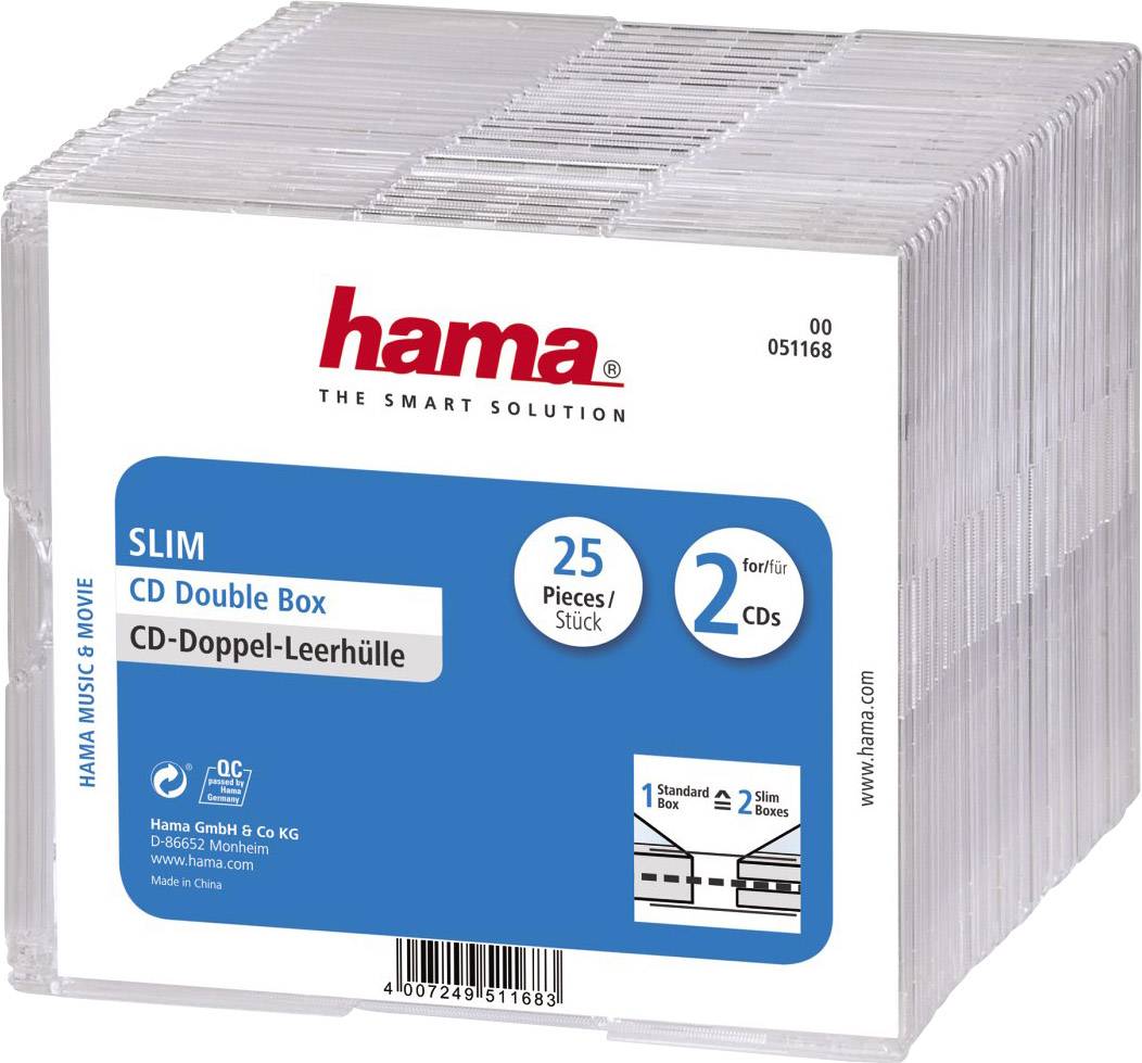 Hama Dobbelt CD-etui 2 CD'er/DVD'er/Blu-rays Polystyrol Transparent 25 stk (B x H x T) 125 142 x 5.2 mm 00051168 | Conradelektronik.dk