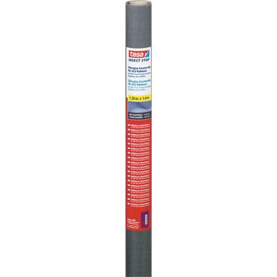 Et oprullet produkt med et rødt, hvidt og blåt etiket. Tekst: 'tesa Insect Stop'. Mål: 1,20 m x 1,50 m. Velegnet til vinduer.