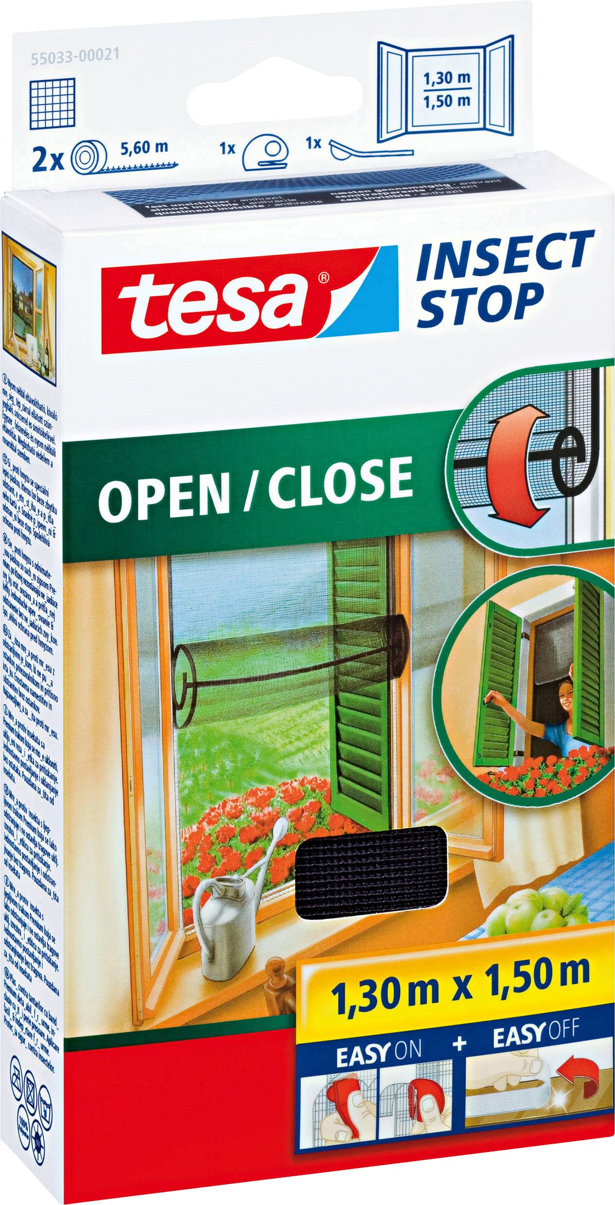 Emballage til et insektnet fra mærket Tesa med målene 1,30 m x 1,50 m, inklusiv monteringsvejledning til vinduer.