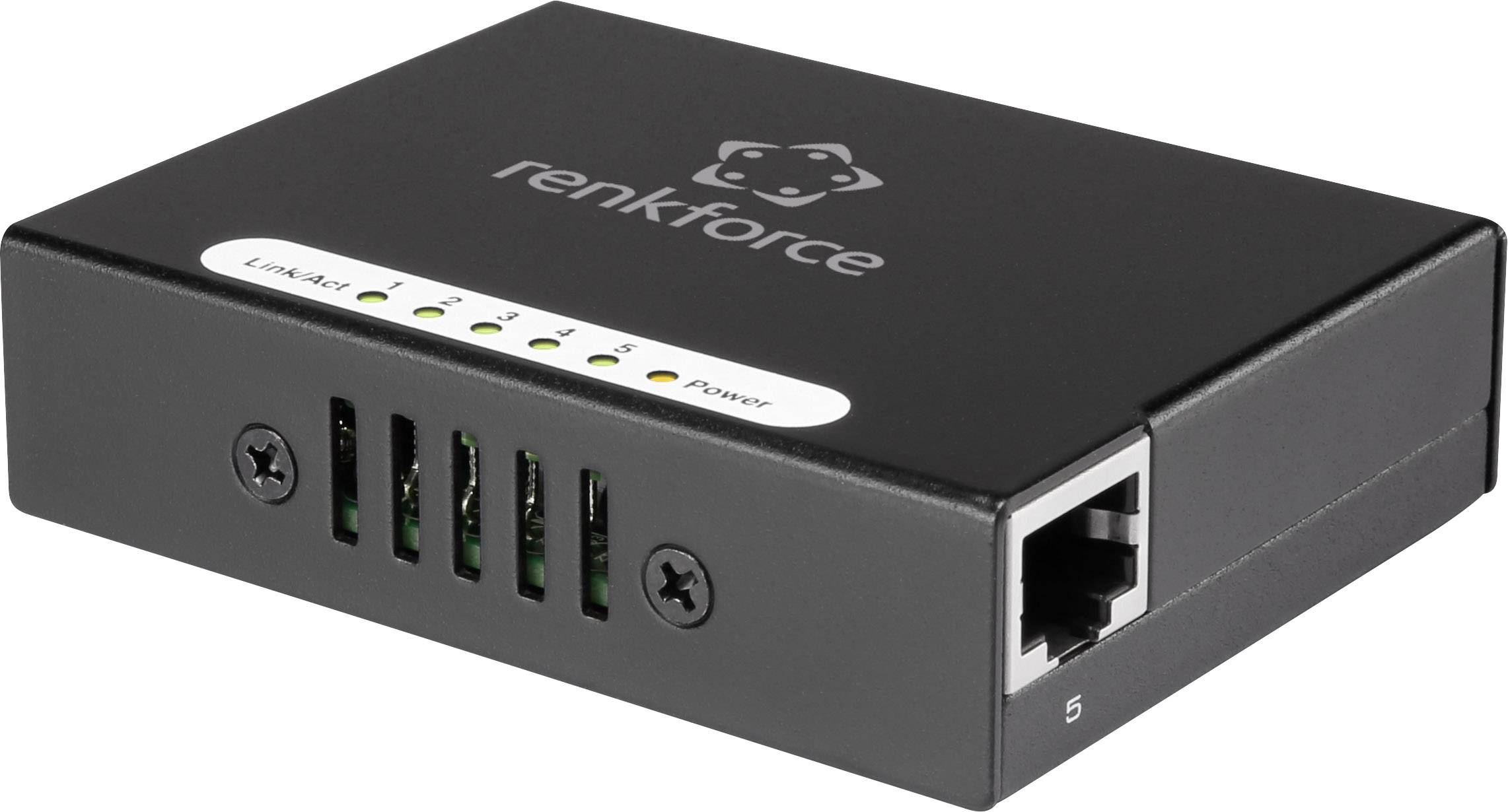 'Renkforce' Ethernet-hub med fem porte, LED'er til statusvisning og et netværksstik i siden. Sort, rektangulær kabinet.