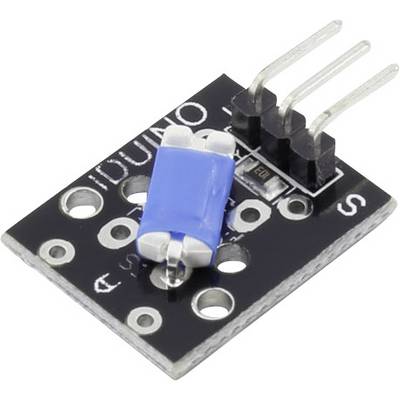 Sort sensormodul med blå hætte og tre metalben. Bruges til registrering af vibrationer eller hældninger.