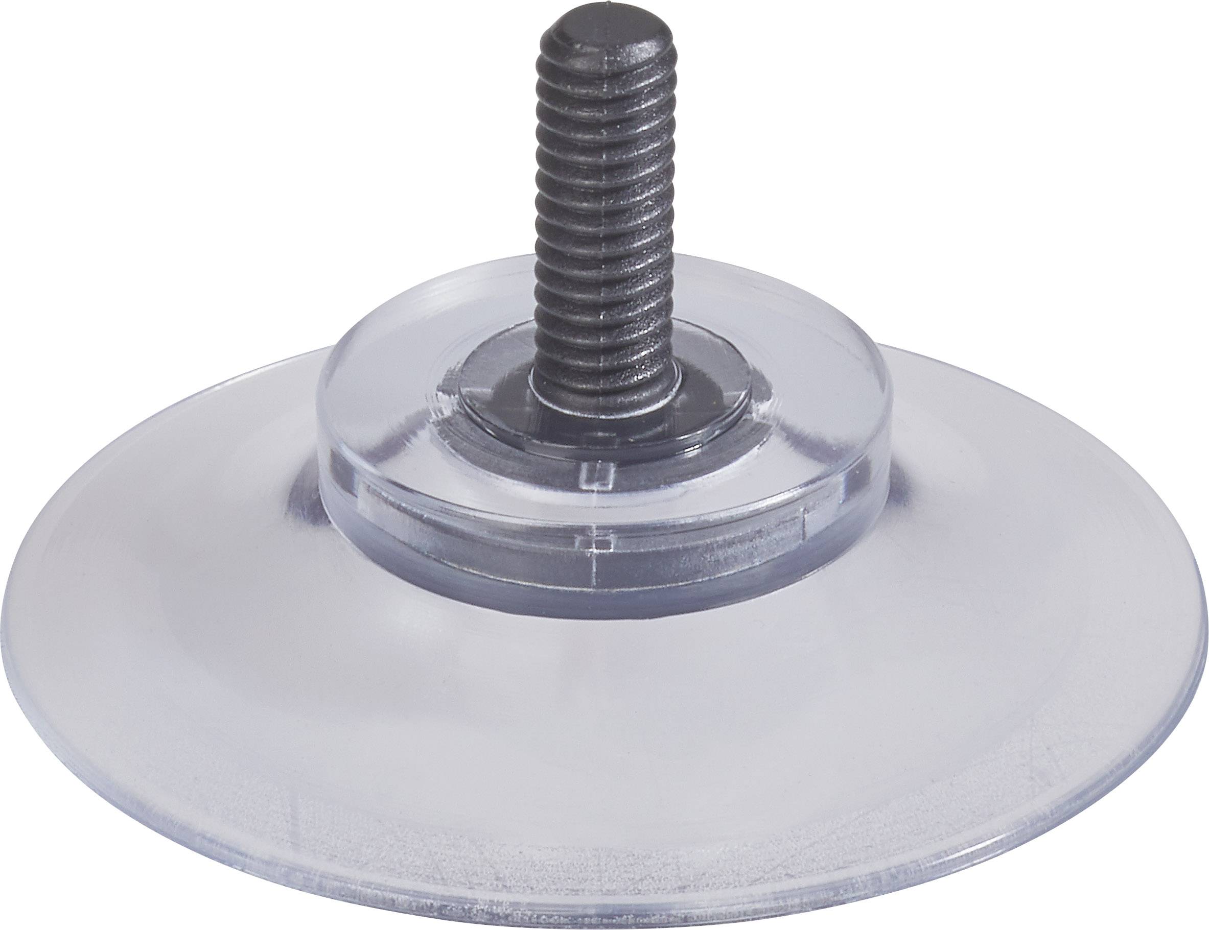 En gennemsigtig sugekop med gevindstang i midten, egnet til montering på glatte overflader.