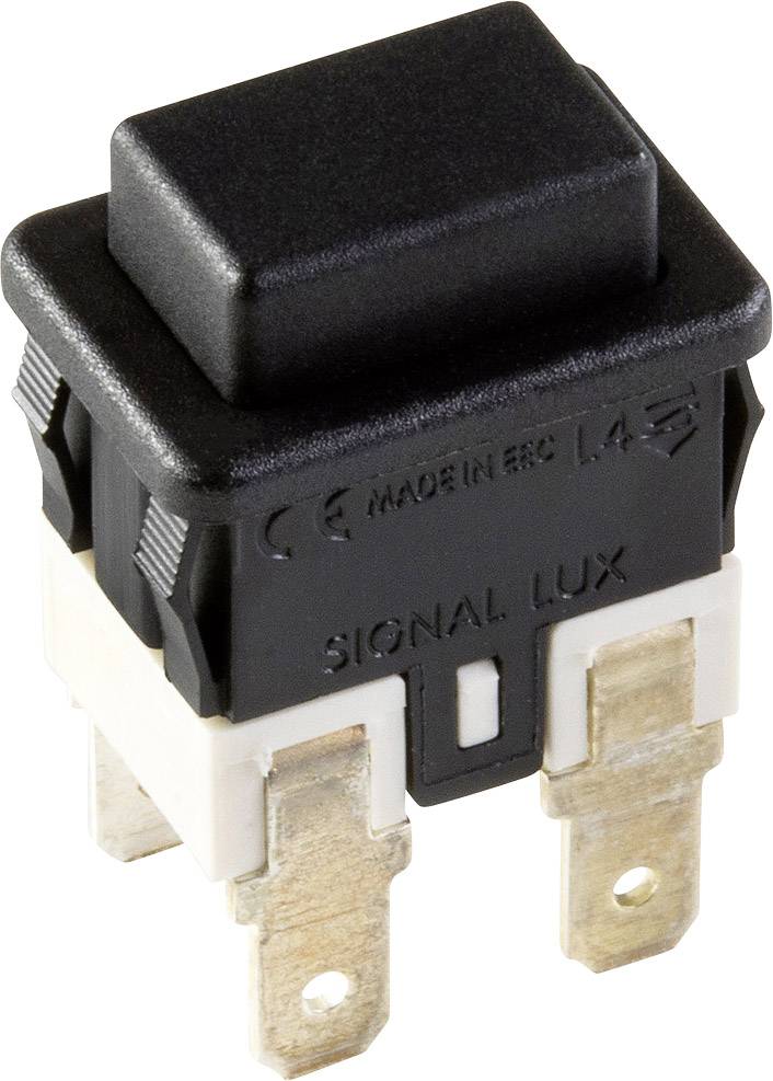 En sort trykknapsomskifter med hvide tilslutningsklemmer, mærket 'SIGNAL LUX' og 'MADE IN EEC L4', til elektrisk brug.