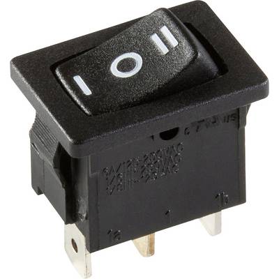 En sort vippekontakt med tænd-sluk-symboler, egnet til elektroniske enheder, viser sin trepolede tilslutning og effektspecifikationer.