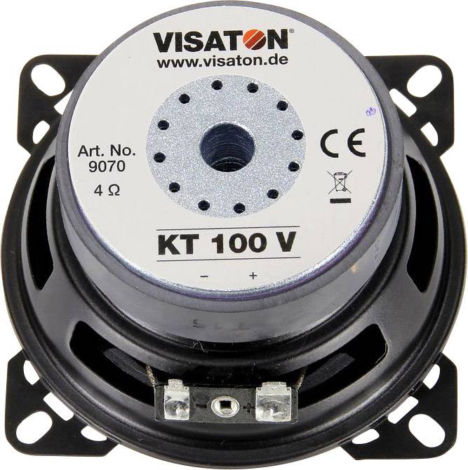 Visaton højttaler, model KT 100 V, art. nr. 9070, 4 Ohm. Sort kabinet, sølvfarvet forside med central åbning.