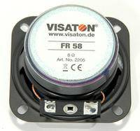 En rund højtaler fra Visaton, model FR 58, 8 Ohm, varenr. 2205, med CE-mærkning.