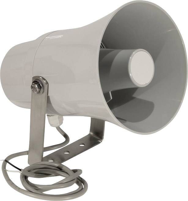En grå højttaler med beslag og kabel, egnet til montering på vægge eller lofter.