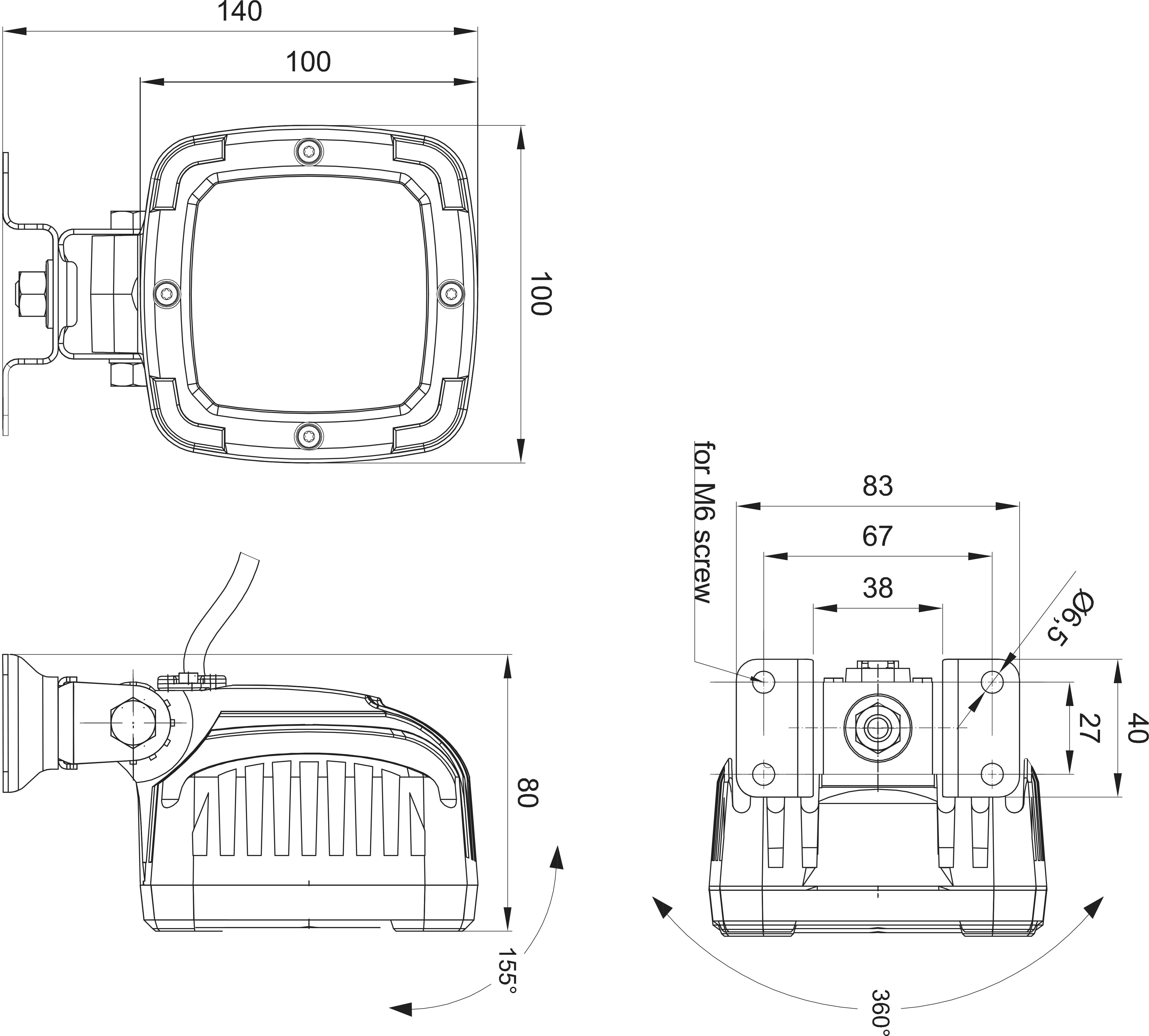 Teknisk tegning af et rektangulær forlygte med dimensioner. Sidevisning viser en hældningsvinkel på 155°. Skrueposition for M6-skrue er markeret.