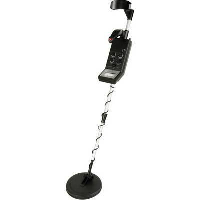 En sort metaldetector med teleskopstang og betjeningselementer, egnet til søgning efter metalgenstande i jorden.
