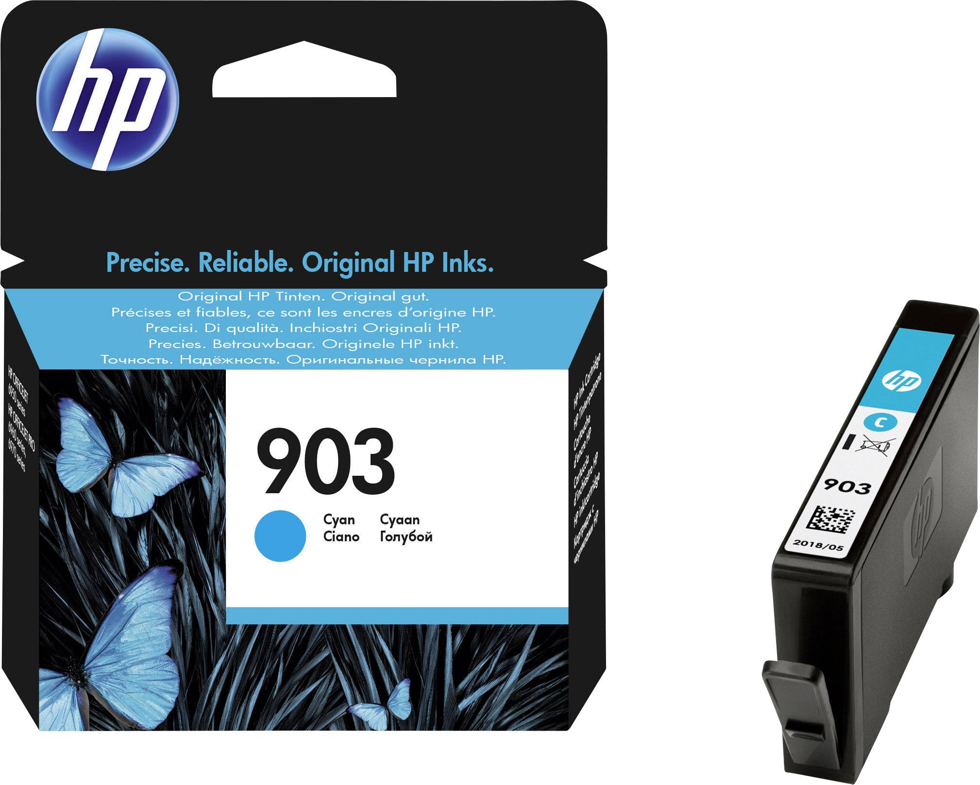 HP 903 blækpatron i cyan, egnet til bestemte HP-printere, viser emballage med blå sommerfugle og varemærkelogo.