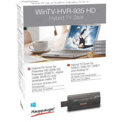 Hybrid-TV-tuner til DVB-T2, DVB-C, DVB-T; AV-indgang (S-Video, Composite), EPG, TimeShift; USB-stick vist. Mærke: Hauppauge.