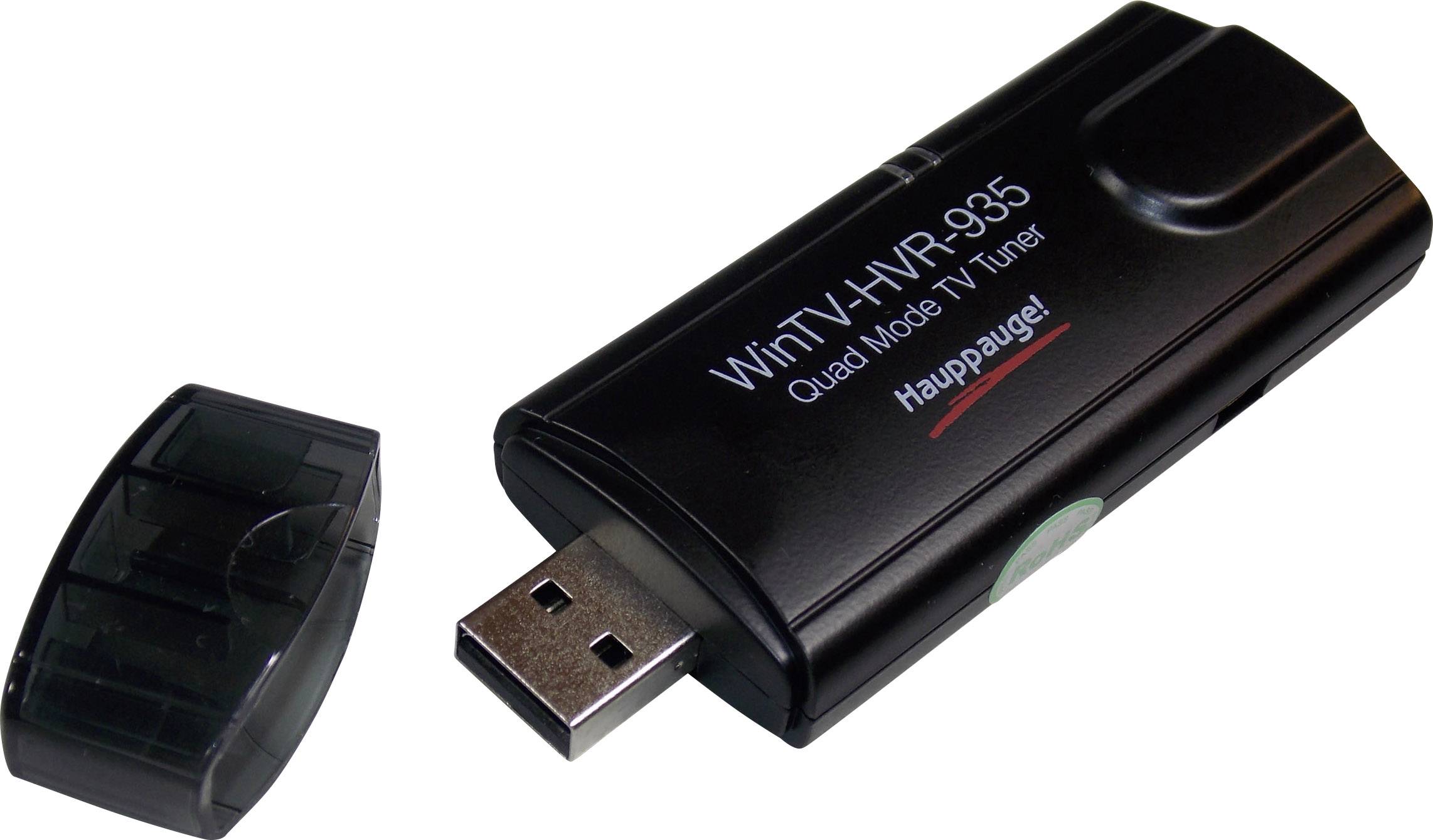 En sort USB-TV-tuner med fjernet låg. Påskrift på enheden: 'WinTV-HVR-935 Quad Mode TV Tuner'.