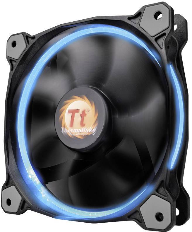 PC-ventilator med blåt LED-lys, sort og cirkulær. Mærkelogo 'Tt' i midten.
