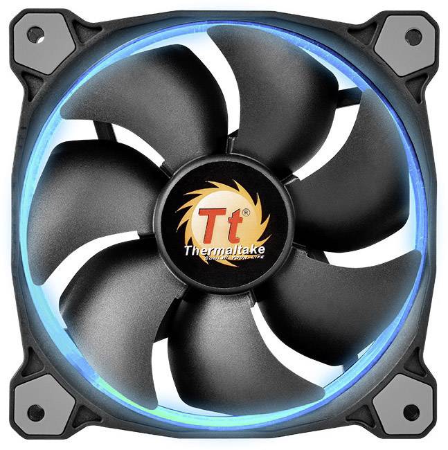 En sort computerkøler med seks vinger og blåt LED-lys. I midten er 'Thermaltake' logoet synligt.