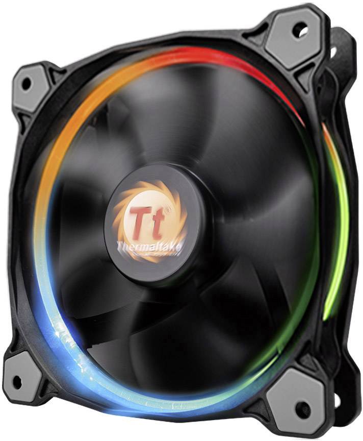 En PC-blæser med lysende LED-ring i rød, blå og grøn. Mærkets logo er placeret i midten af blæsernavet.