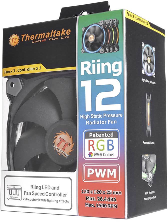 Thermaltake Riing 12-blæser med høj statisk trykegnethed, RGB-belysning, PWM-styring; indeholder 3 blæsere, controller.