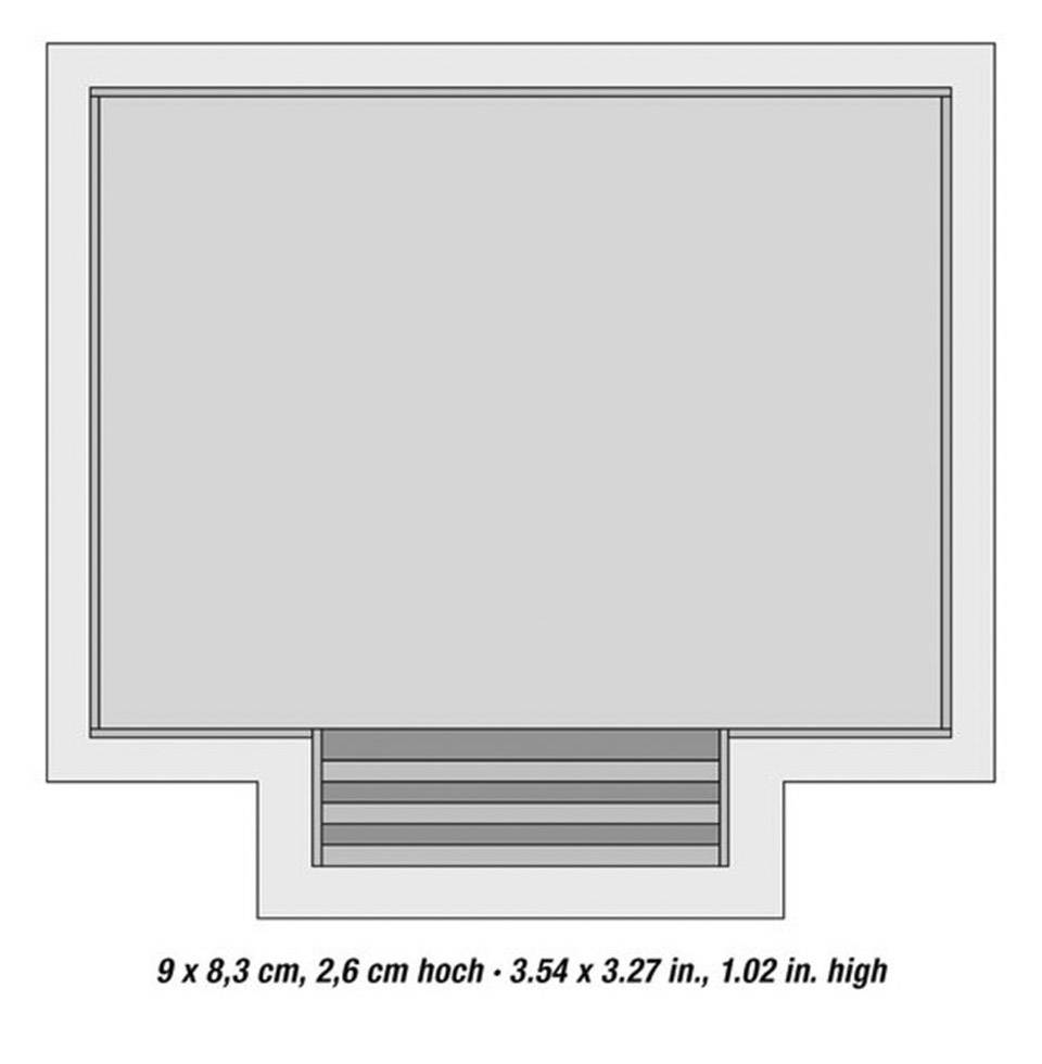 'Diagram over et rektangulært objekt med en trappe på den nedre side. Mål: 9 x 8,3 cm, 2,6 cm høj (3,54 x 3,27 x 1,02 tommer).'