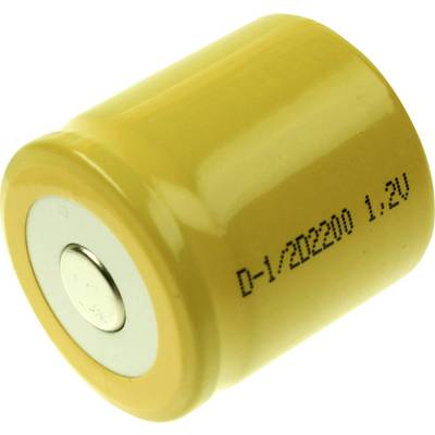 Gul D-celle-batteri med påskriften 'D-1/2D2200 1.2V'.