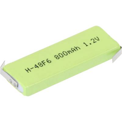 Et rektangulært, grønt batteri med påskriften 'H-48F6 800mAh 1.2V', viser sin type og kapacitet.