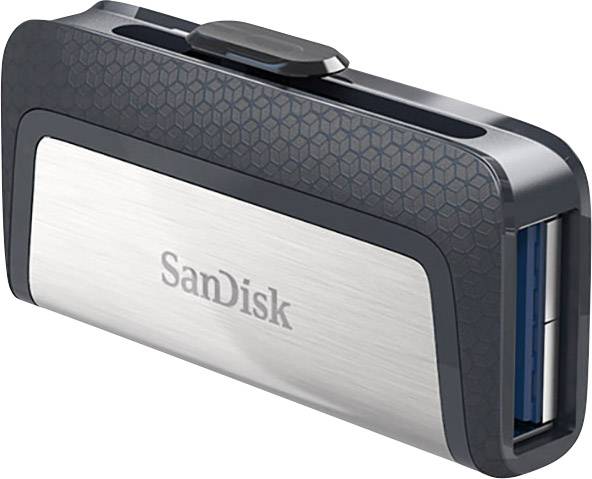 Ekstern SanDisk USB-stick med sølvfarvet overflade og sort kabinet. Den har en skydemekanisme til USB-stikket.
