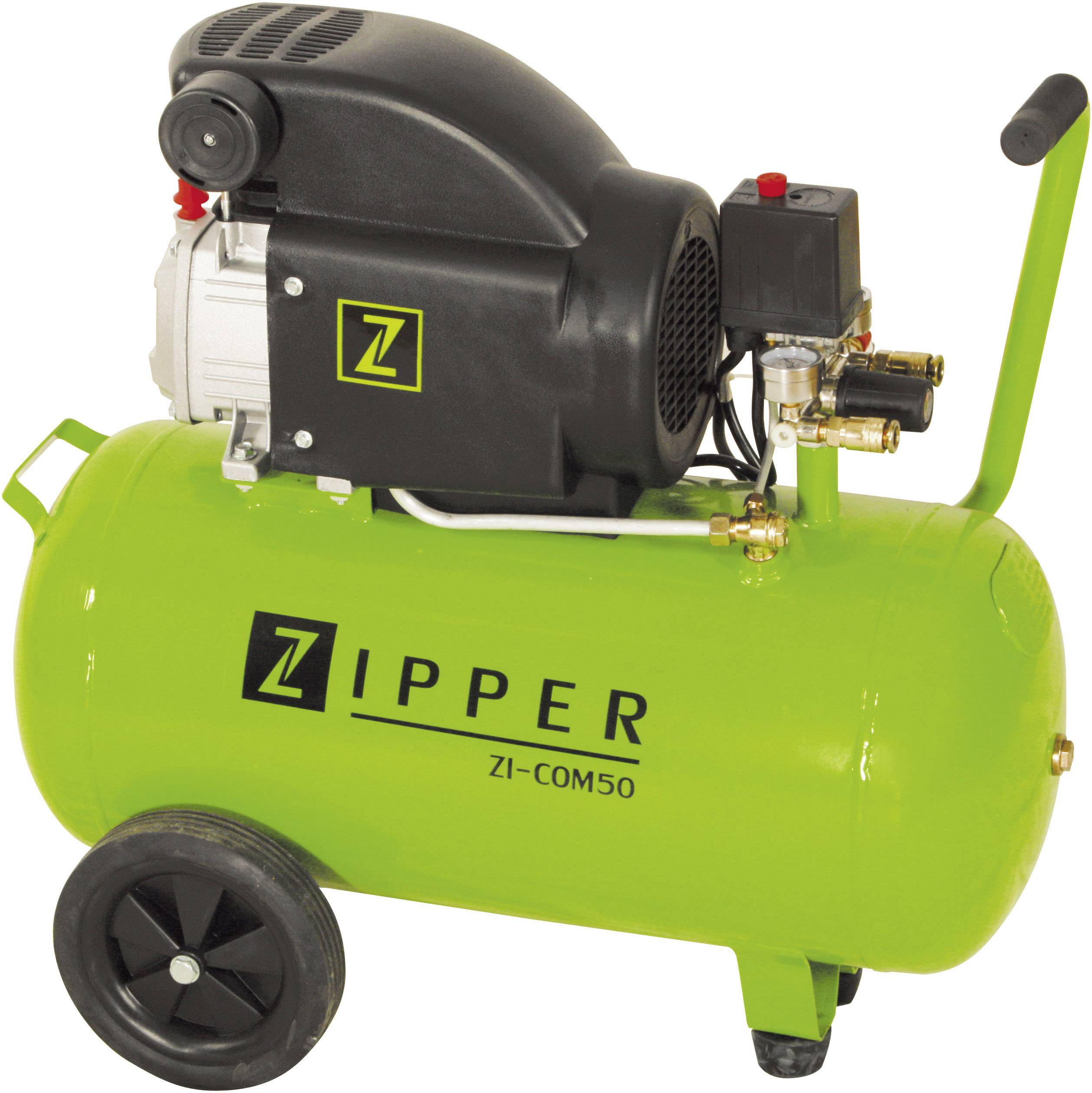 En grøn luftkompressor med hjul og en sort motor, hvor mærkenavnet 'ZIPPER' og modelnavnet 'ZI-COM50' er påtrykt tanken.