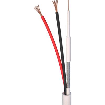 Et trepolet kabel med åbent endestykke viser to farvede ledere, en rød og en sort, samt en hvid isoleret ledning.