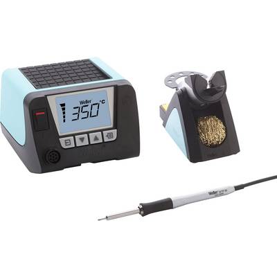 Loddestation med digitalt display viser 350 °C. Indeholder loddekolbe og stativ med rensningsudstyr til brug inden for elektronik.