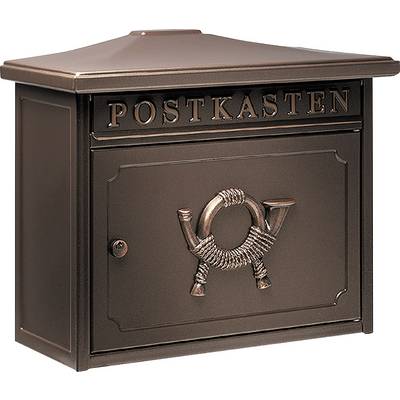 Brun metalbrevkasse med påskriften 'Postkasten' og posthorn-emblem på forsiden.